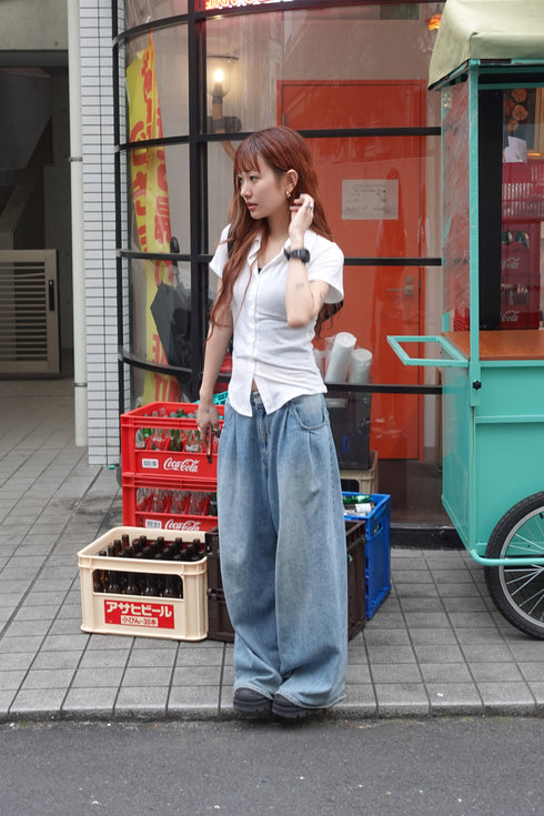 リネン混ハーフスリーブトップス